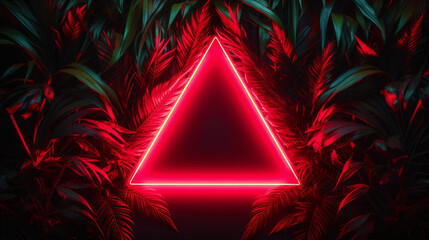 Red triangle neon light, tropical jungle floral background