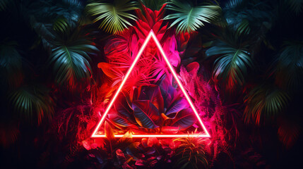 Red triangle neon light, tropical jungle floral background