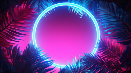 Fototapeta na wymiar Blue circle neon light, tropical jungle floral background