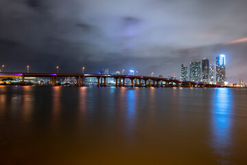 View of Miami at sunset, USA. Miami city skyline panorama at dusk with urban skyscrapers and bridge over sea with reflection.