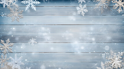 Christmas background. Wooden table top, elegantly framed with an intricate composition of Christmas decorations and accessories girdling the edges. 