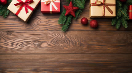 Fototapeta premium Christmas gifts on a rustic wood background with copyspace, top down view, flat, sales shopping offer