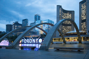 Beautiful view of The Toronto Sign is an illuminated three-dimensional sign in Nathan Phillips Square in Toronto, Canada
