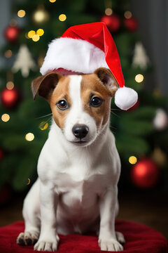 Cute Jack Russell dog with Santa Claus hat.