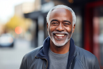 Fototapeta premium Senior african american man with gray hair smiling towards camera outdoors. portrait. High quality photo