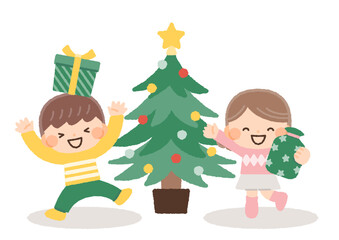 プレゼントを貰って喜ぶ子供達とクリスマスツリーのイラスト素材