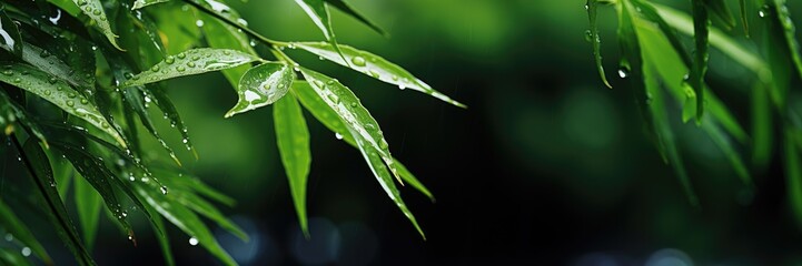 Horizontal banner of bamboo branches with raindrops. Place for text. Generative AI - obrazy, fototapety, plakaty