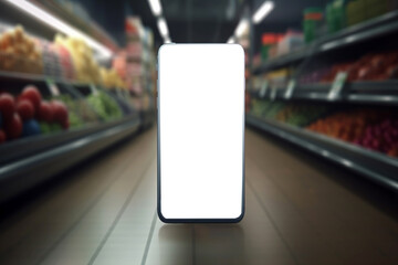 Smartphone with a blank white screen on the background of the vegetable department of the supermarket and close-up. Generative AI