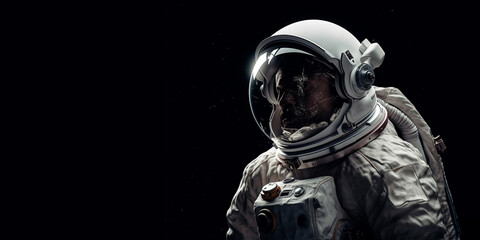 Cosmonaut or astronaut in a spacesuit, close-up and on an isolated black background. Generative AI