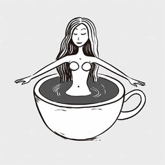 An image of a beautiful young woman who sits and bathes inside a tea cup. Generative AI