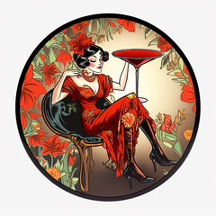 Glamorous and comic image of a beautiful young woman with a glass of red wine. Generative AI