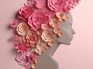 Paper profile of a beautiful woman with flowers in her hair, close-up. Generative AI