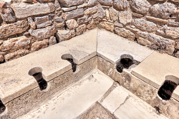 Ephesus, Turkey - July 24, 2023: Close ups of the architectural details of the ruins at Ephesus...