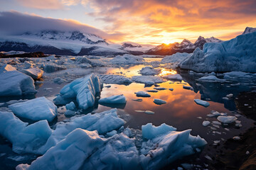 On Acedon Vatna glacier hangs gracefully a morning light with ethereal glow. Glacier in a moment of serene beauty and majesty of tranquility in an untouched area of nature.