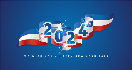 New Year 2024 concept design template with sparkle firework 2024 front on France wavy flag ribbon. Premium blue white red France wavy flag ribbon vector design for poster, banner, greeting card