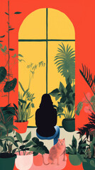 A trendy girl with black hair is in deep contemplation and meditation in her indoor greenhouse garden — Risograph style print with screenprint textures — pot plants and boho aesthetics