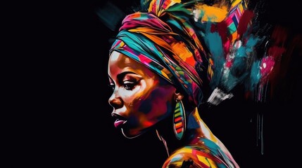 Fototapeta premium Abstract Painting Concept Colorful Art Portrait Of A Black Woman With Modern Turban African Culture