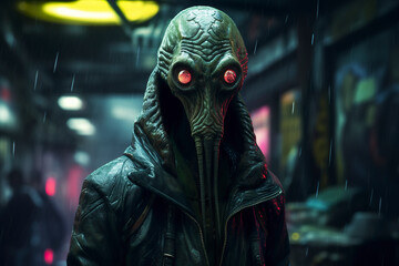 Extraterrestrial supernatural presence dressed in a futuristic jacket. Alien contrasts strongly with the urban landscape dressed in a jacket. Alien in a jacket in a cyberpunk world.