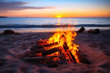 A campfire at a beach at sunset.