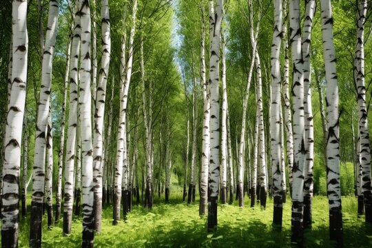 A beautiful birch forest with many white tree trunks.
