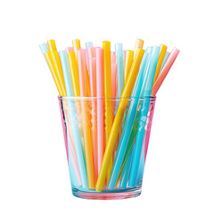 Plastic recycling concept depicted by blue glasses paper napkins and multicolored straws on a transparent background