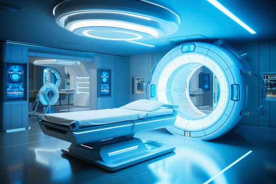 A modern medical room with a magnetic resonance scanner.