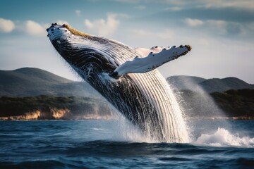 A big whale jumping half out of the water. - obrazy, fototapety, plakaty