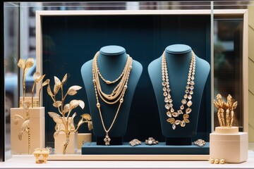 A window of a jewelry store with valuable pieces.