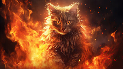 Illustration angry cat with red eyes in flames background - obrazy, fototapety, plakaty