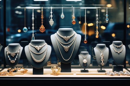 A window of a jewelry store with valuable pieces.