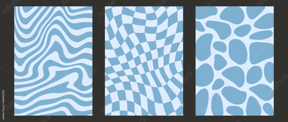 Poster Retro distorted checkered, blob and wave background set. Blue trippy psychedelic pool wallpaper pack. Wavy groovy checkerboard water surface. Abstract twisted pattern collection Vector backdrop bundle