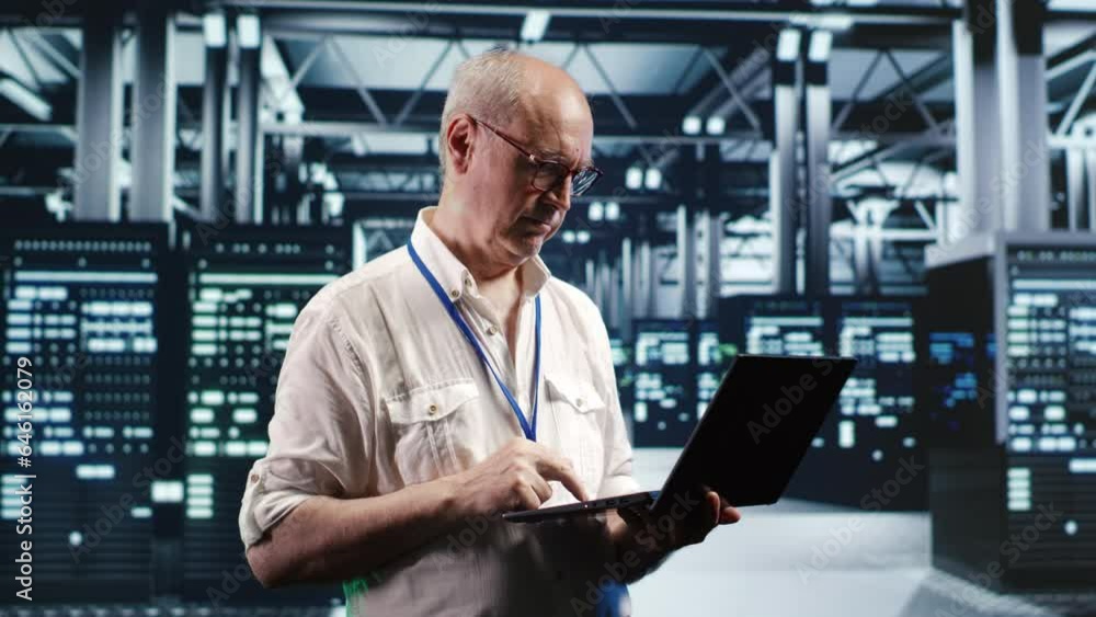 Poster senior professional navigating network of server machines in industrial hub. engineer with laptop do