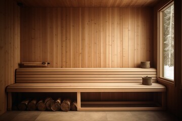 An empty wooden sauna in warm tones. - obrazy, fototapety, plakaty