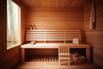 An empty wooden sauna in warm tones.