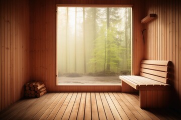 An empty wooden sauna in warm tones.