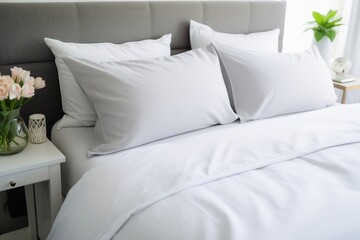 Clean white bed linen on a bed in a luxury hotelroom.
