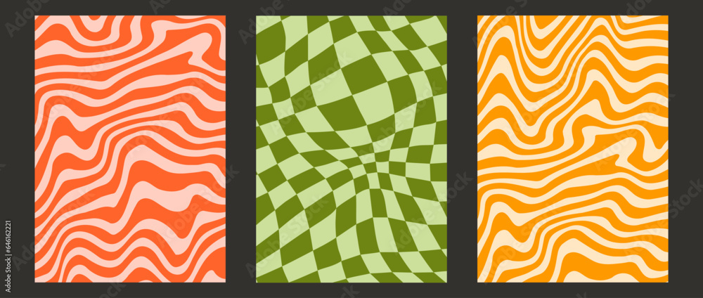 Poster Groovy wave lines and checkerboard background set. Colorful retro waves and checkered pattern collection. Vintage psychedelic distorted wallpapers. Yellow red green funky twisted backdrop. Vector pack