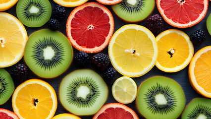 Sliced fresh fruits are placed throughout the background, on a white background	
