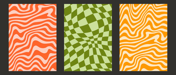 Groovy wave lines and checkerboard background set. Colorful retro waves and checkered pattern collection. Vintage psychedelic distorted wallpapers. Yellow red green funky twisted backdrop. Vector pack