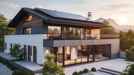 Fototapeta premium Solar Panels on the Roof of a Beautiful Modern Home, generative ai