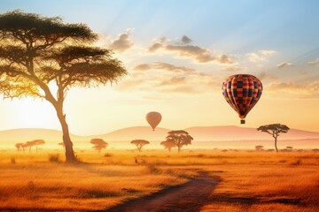 Hot air balloons over the African savannah. - obrazy, fototapety, plakaty