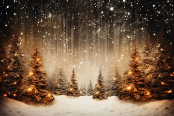 Magical forest with christmas trees and glowing lights.