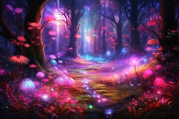 Magical forest with trees and glowing lights.