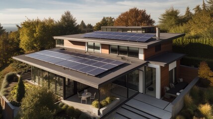 Obraz premium Solar Panels on the Roof of a Beautiful Modern Home, generative ai