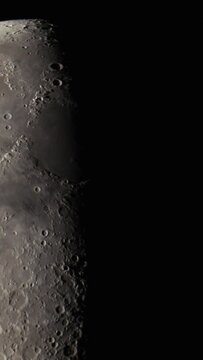 Moon - view through a telescope with craters, mountains and lunar mare (sea). The real surface of the Moon. The Moon moves across the sky due to the rotation of the Earth