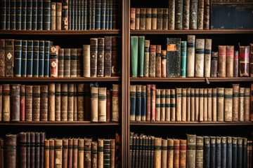 Old books in a shelf background.