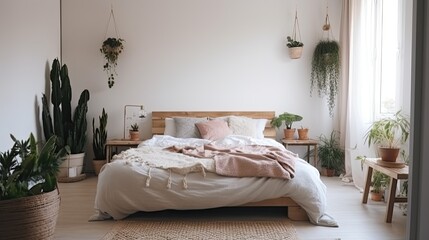 There Are Two Empty Picture Frames In The Bedroom Large Bed Pillows And Potted Plants Are Present Inside