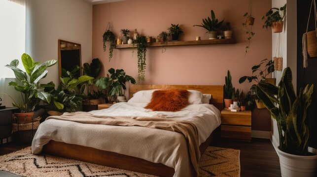 There Are Two Empty Picture Frames In The Bedroom Large Bed Pillows And Potted Plants Are Present Inside