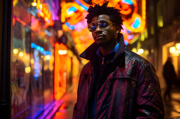 African-American Man Stands on Street Against Neon Lights