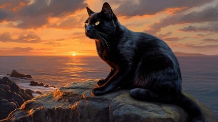 Enigmatic Image of a Black Cat Perched Serenely on a Weathered Stone, Emanating Mystery and Elegance